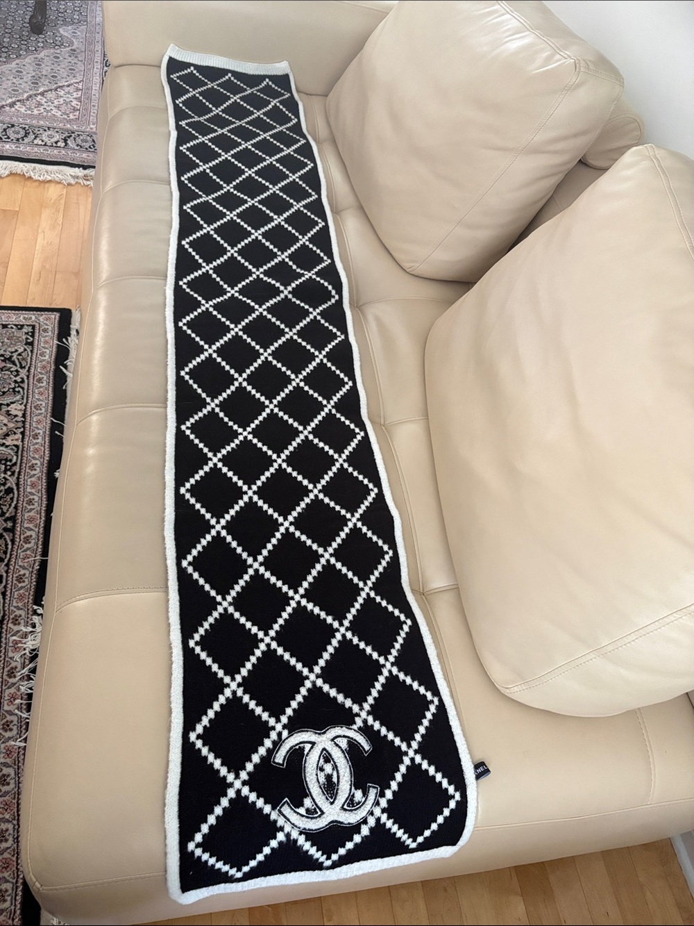 CHANEL Black and White diamond Pattern Logo Scarf